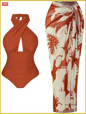 Plus Size Halter One Piece Swimsuit Criss Cross Monokini with Cover Up Skirt